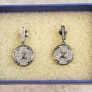 Louis Vuitton drop earrings LV logo, Silver-tone Finish & Crystal Insets